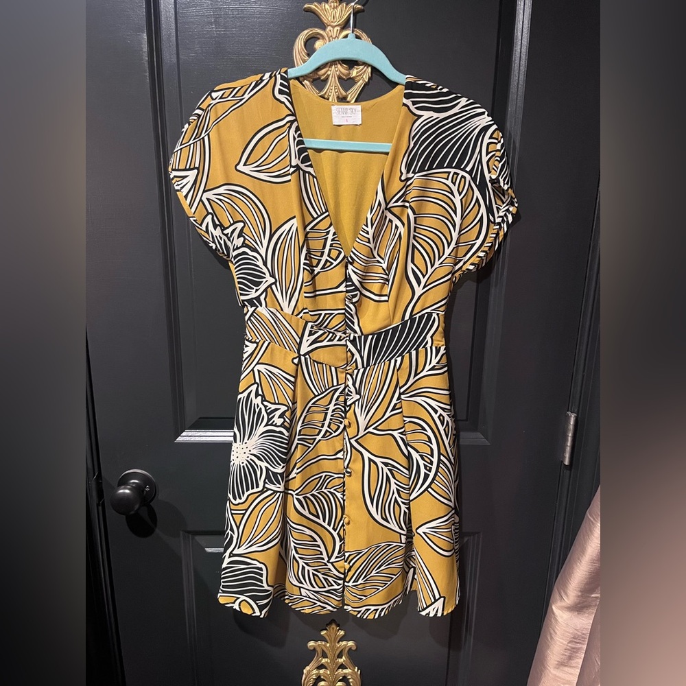 Sienna Sky Mustard and Black Leaf Pattern Dress